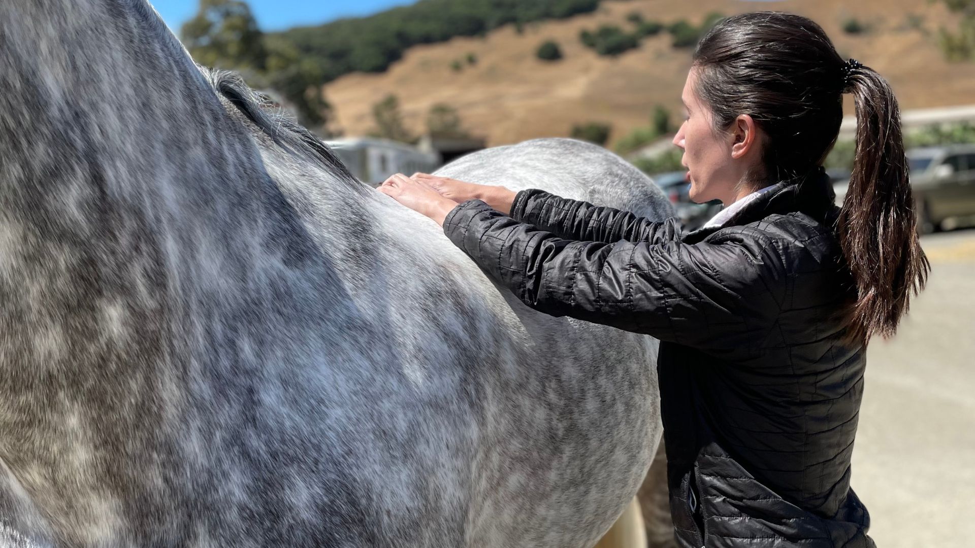 A woman gently strokes the nose of a brown horse in a peaceful